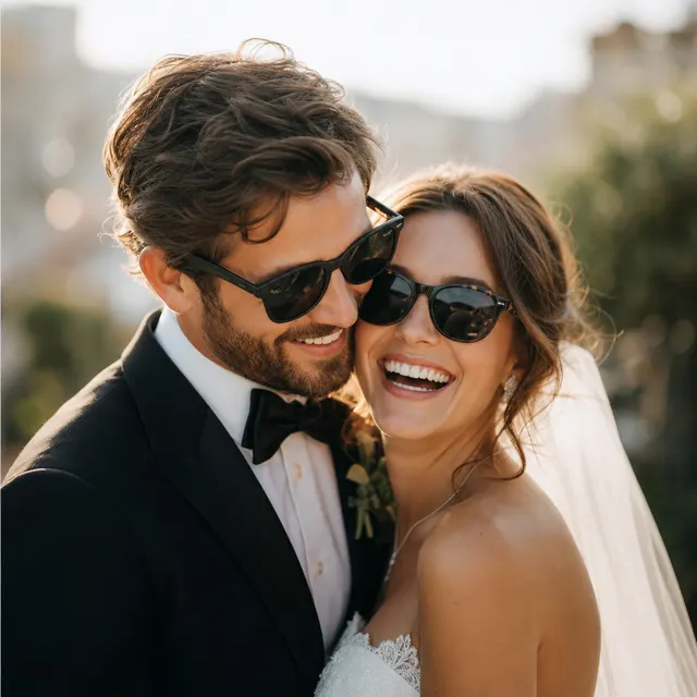 Bride and groom wearing engraved sunglasses
