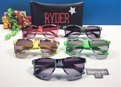 KIDS PERSONALIZED CAMO Sunglasses Engraved with a Name. For a birthday, party favor, gift.