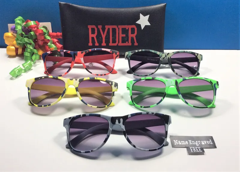 KIDS PERSONALIZED CAMO Sunglasses Engraved with a Name. For a birthday, party favor, gift.