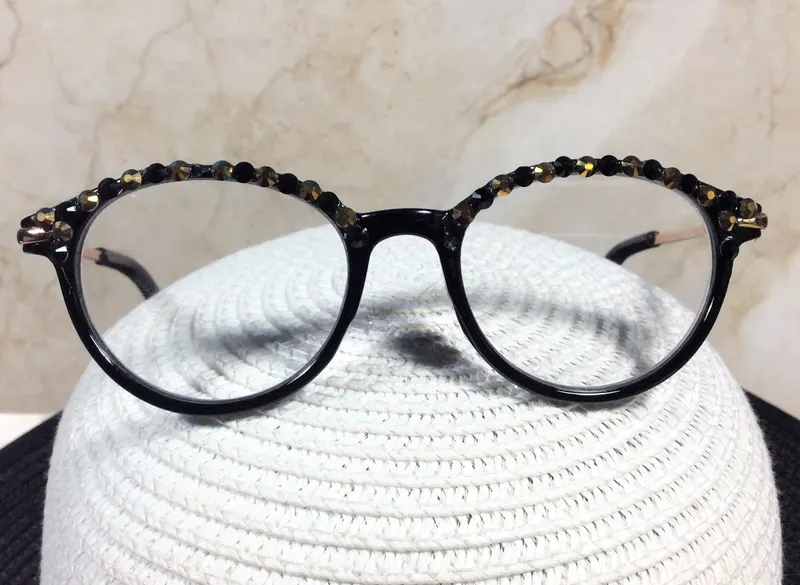 BLACK and GOLD GENUINE Crystals enhance the beauty of this round Classic reading glass. Work or play. Free Faux Leather 