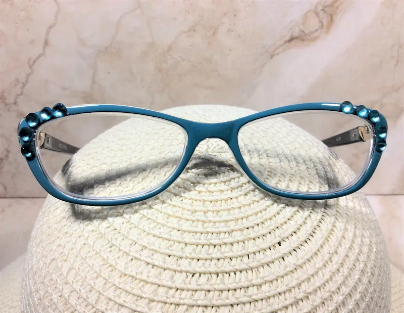 FASHION WOMENS READERS with Genuine Aqua Crystals and Gold feature on the arms. Free Faux Leather Case with a Name. +2.0