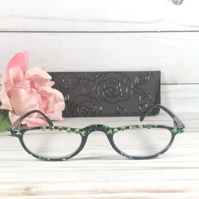 Half-Moon Reading Glasses. Emerald green Swarovski Crystals, Floral Frame, +2.25 Strength (Vinyl Case)