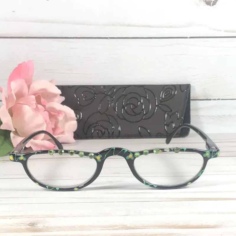 Half-Moon Reading Glasses. Emerald green Swarovski Crystals, Floral Frame, +2.25 Strength (Vinyl Case)