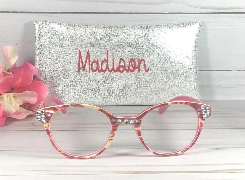 Swarovski Crystal Embellished Reading Glasses, +1.00. Personalized Case with a Name.