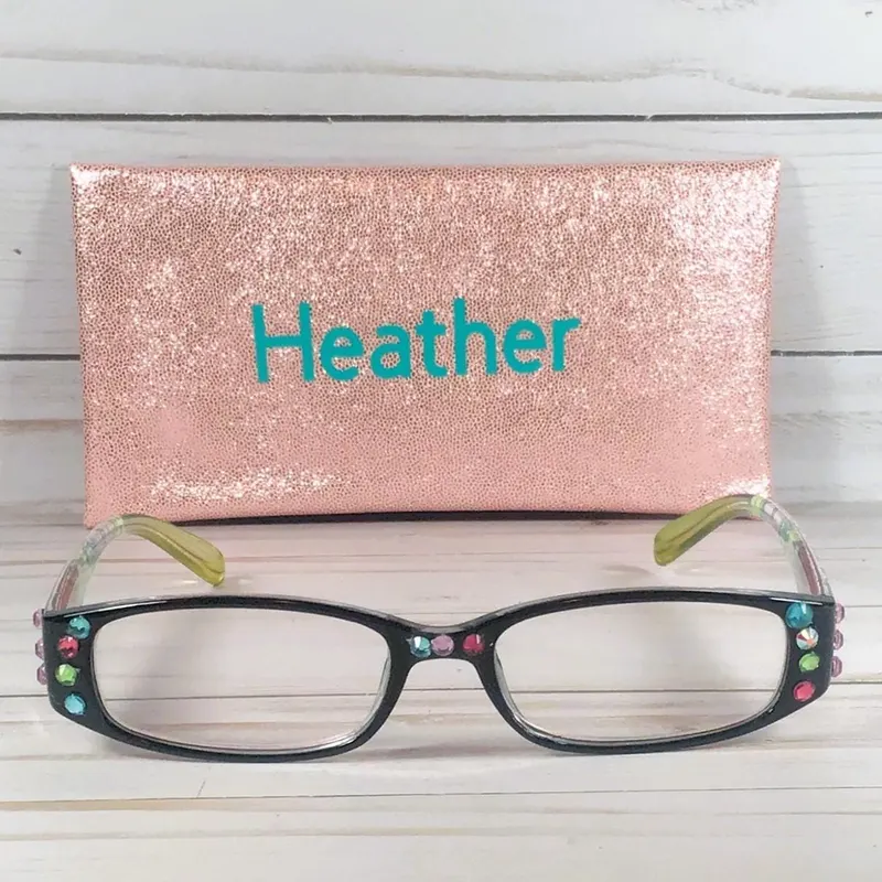 Reading Glasses 1.50 Strength, AB Swarovski Crystals, Embellished Flower Arms, Personalized Case