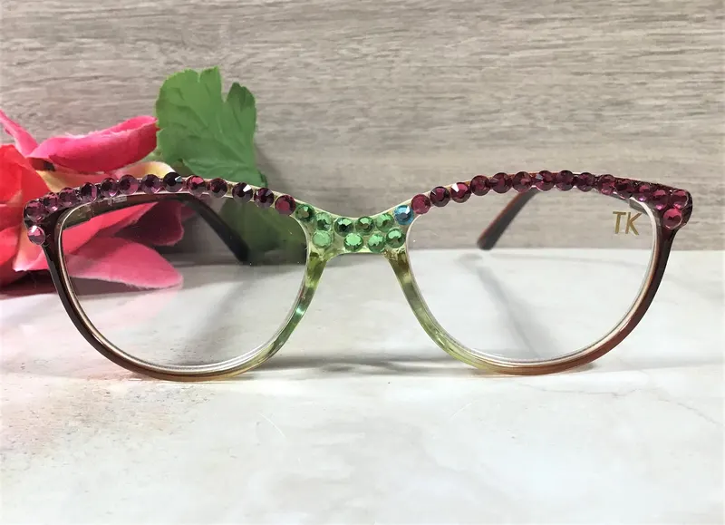 ROSE/LIME GREEN Genuine Crystals embellish this Reader. Fancy and Flirty! Free Faux Leather Case Personalized with a Nam