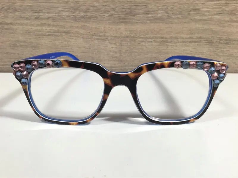BLUE/GOLD CRYSTALS enhance the beauty of this reader. Tortoise shell frame. Free Faux Leather Case with a Name included 