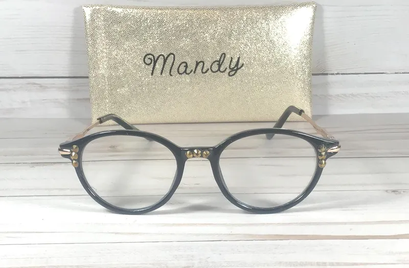 Round Readers with Gold Swarovski Crystals, +1.25 Strength, Personalized Glitter Cases.