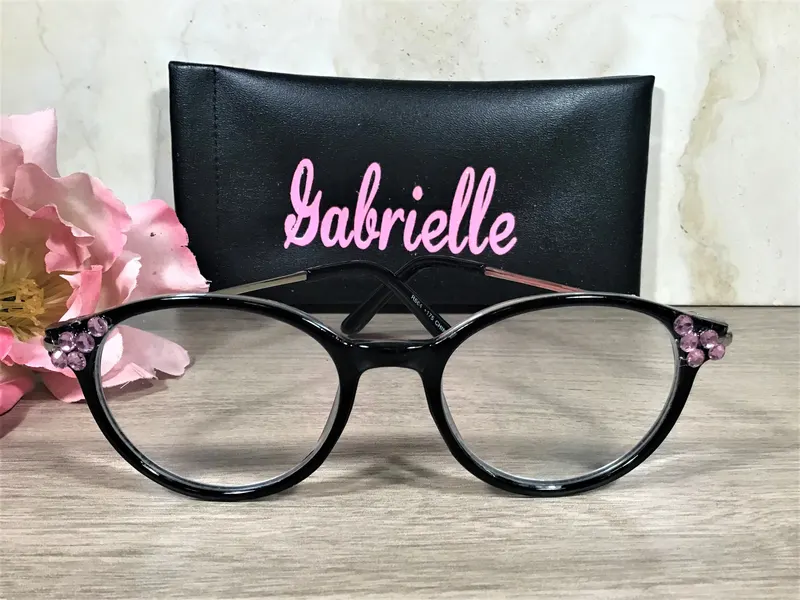 LOVELY BLACK ROUND Readers with Authentic Pink Crystals. Perfect for everyday. Great fit and classy. Free Faux Leather C