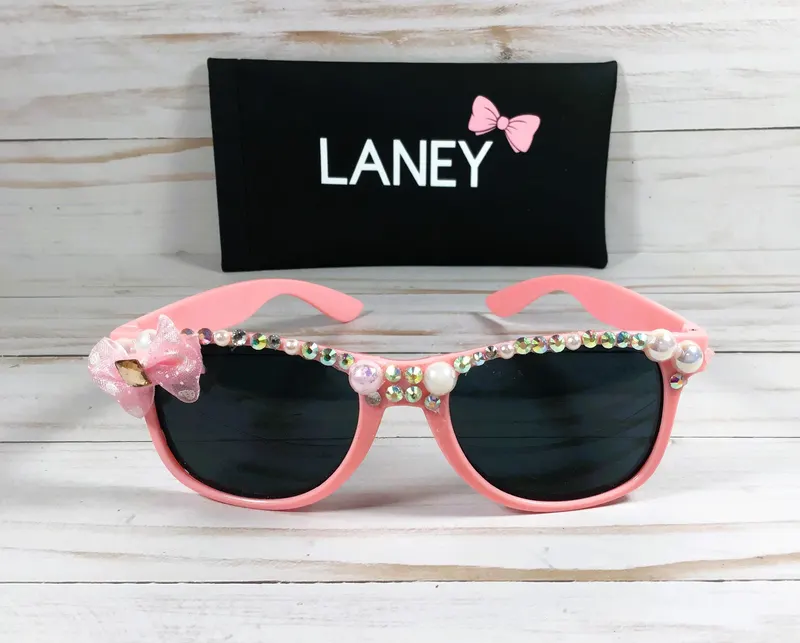 Personalized Pink Wayfarer Sunglasses: Swarovski Crystals, Pearls, Bow